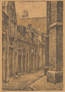 862864 Gezicht in de Jacobskerksteeg in Wijk C te Utrecht, vanaf de Waterstraat, met rechts de Jacobikerk.